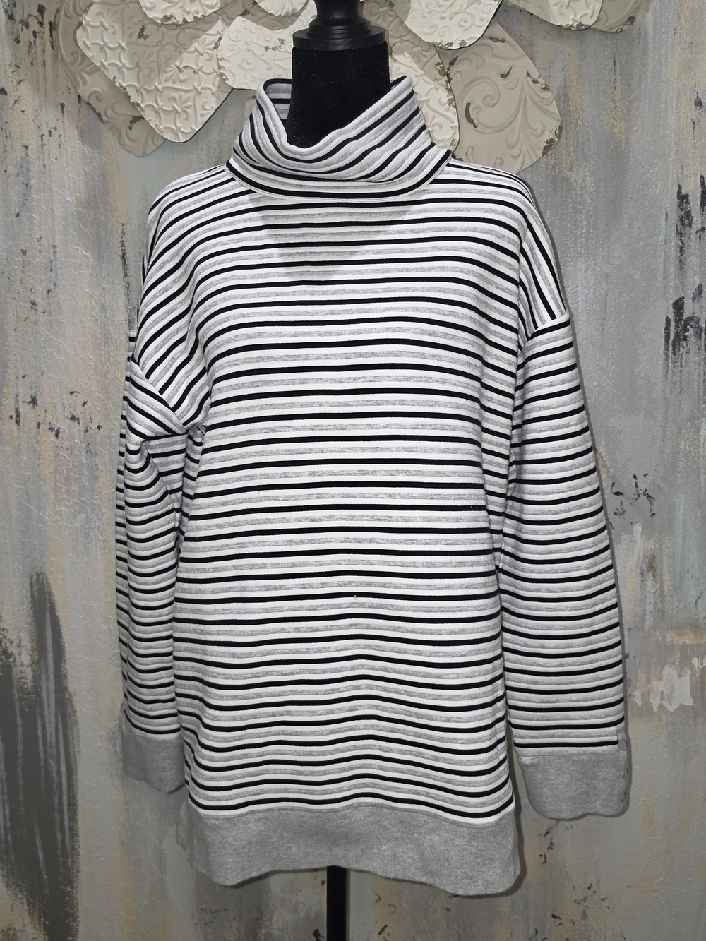 Talbots Black, Gray & White Striped Oversized Cowl Neck Sweater Size Medium